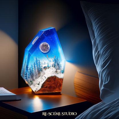 Deer on Snowy Mountain Resin Lamp Multicolor / Size M: 8 x 12 (cm) – Handmade Resin Lamp by Rescene Studio | Rescene Studio