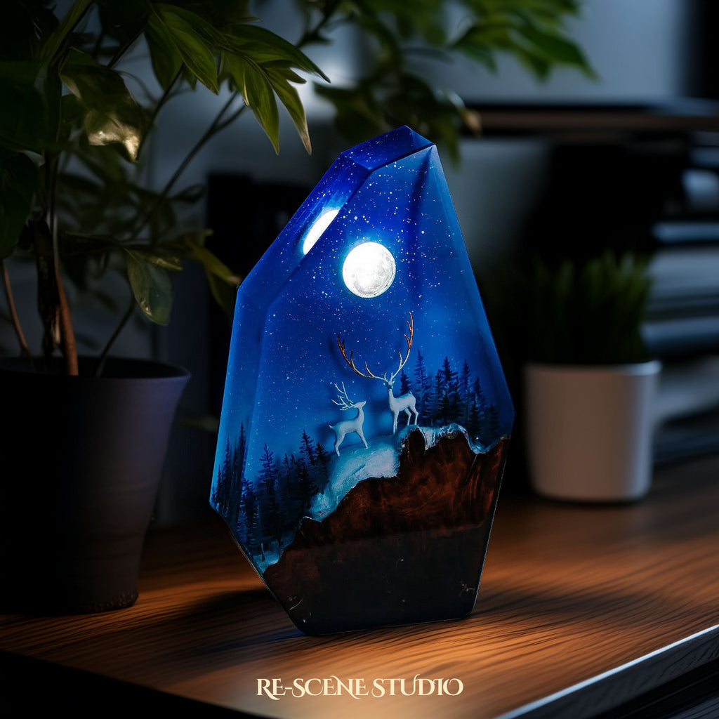 Deer on Snowy Mountain Resin Lamp Multicolor / Size M: 8 x 12 (cm) – Handmade Epoxy Resin Lamp by Rescene Studio | Rescene Studio