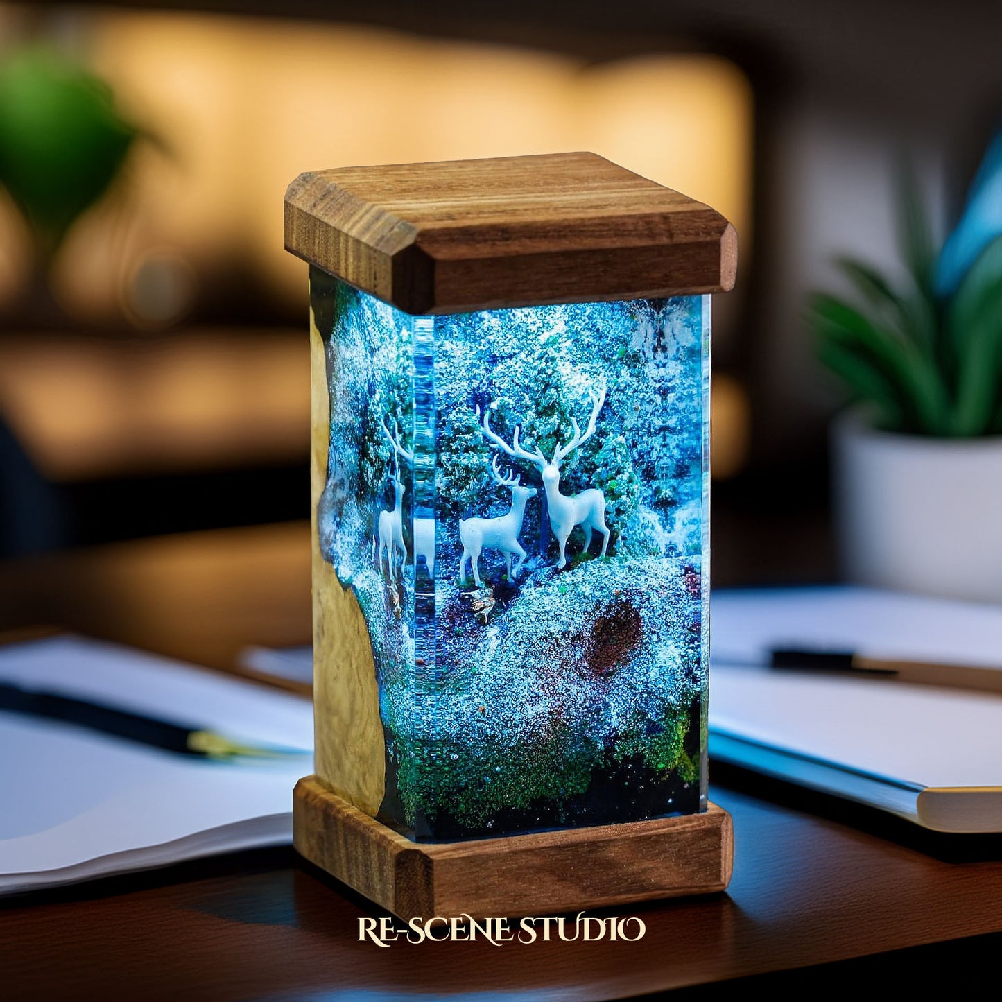 Winter Deer Forest Resin Epoxy Lamp Multicolor / Size M: 6 x 6 x 12 (cm) – Handmade Resin Lamp by Rescene Studio | Rescene Studio