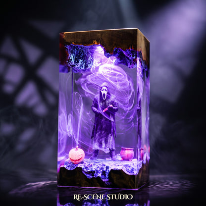 Close look at the Ghostface Resin Lamp, a handcrafted Scream epoxy resin LED lamp