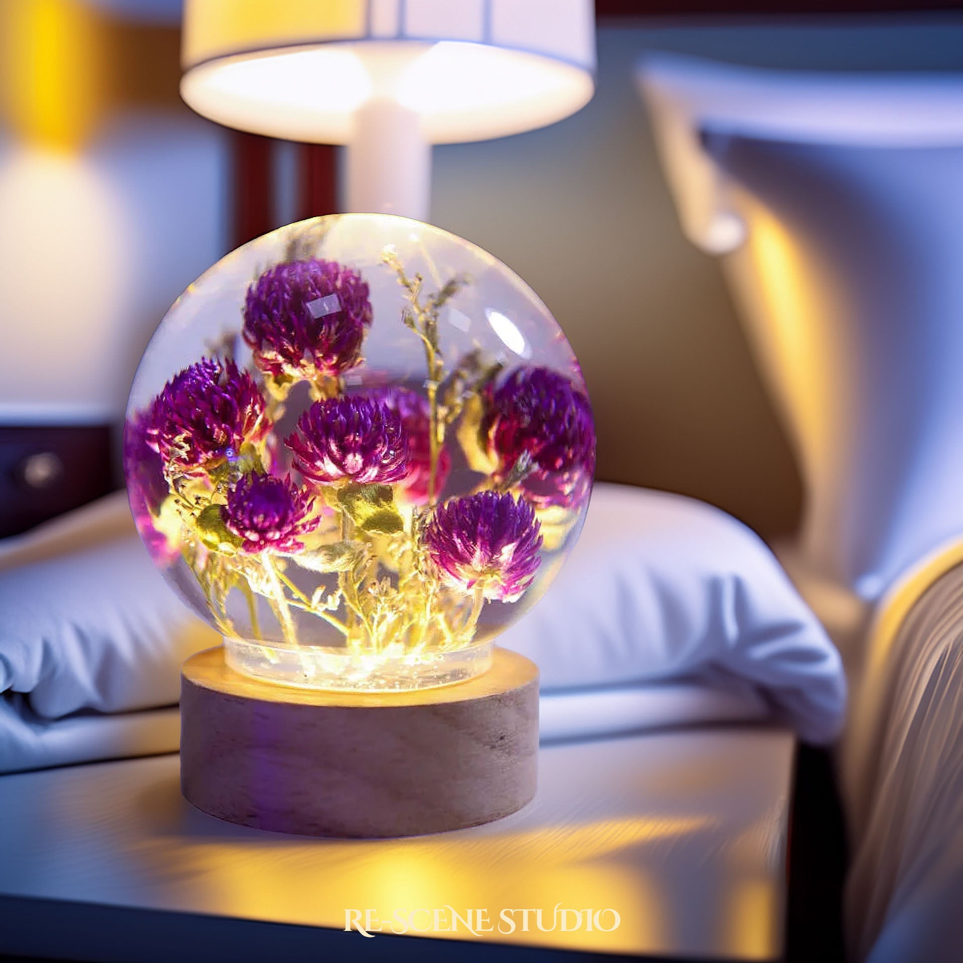 Globe Amaranth Sphere Resin Lamp Flower Only / No Engraving – Handmade Epoxy Resin Lamp by Rescene Studio | Rescene Studio