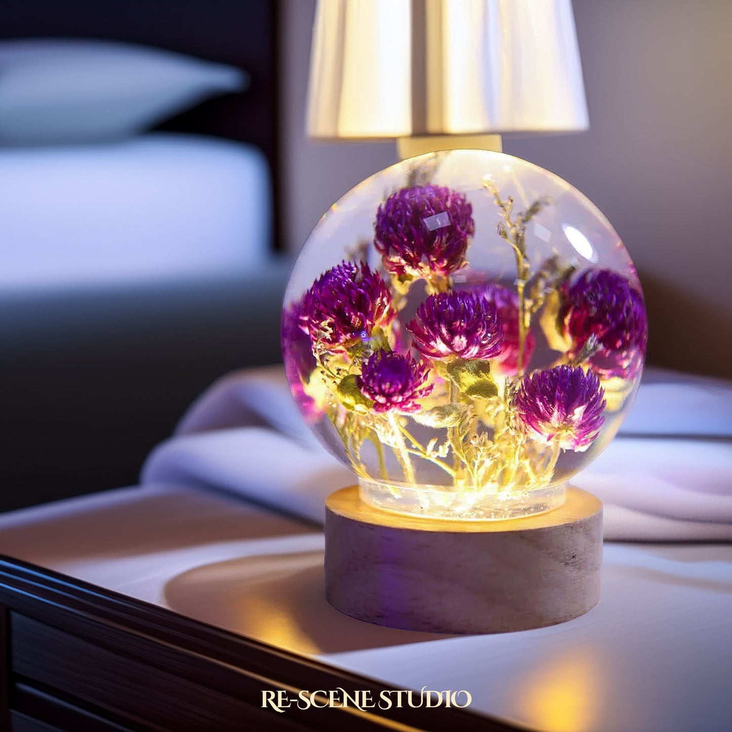 Globe Amaranth Sphere Resin Lamp Flower Only / No Engraving – Handmade Epoxy Resin Lamp by Rescene Studio | Rescene Studio