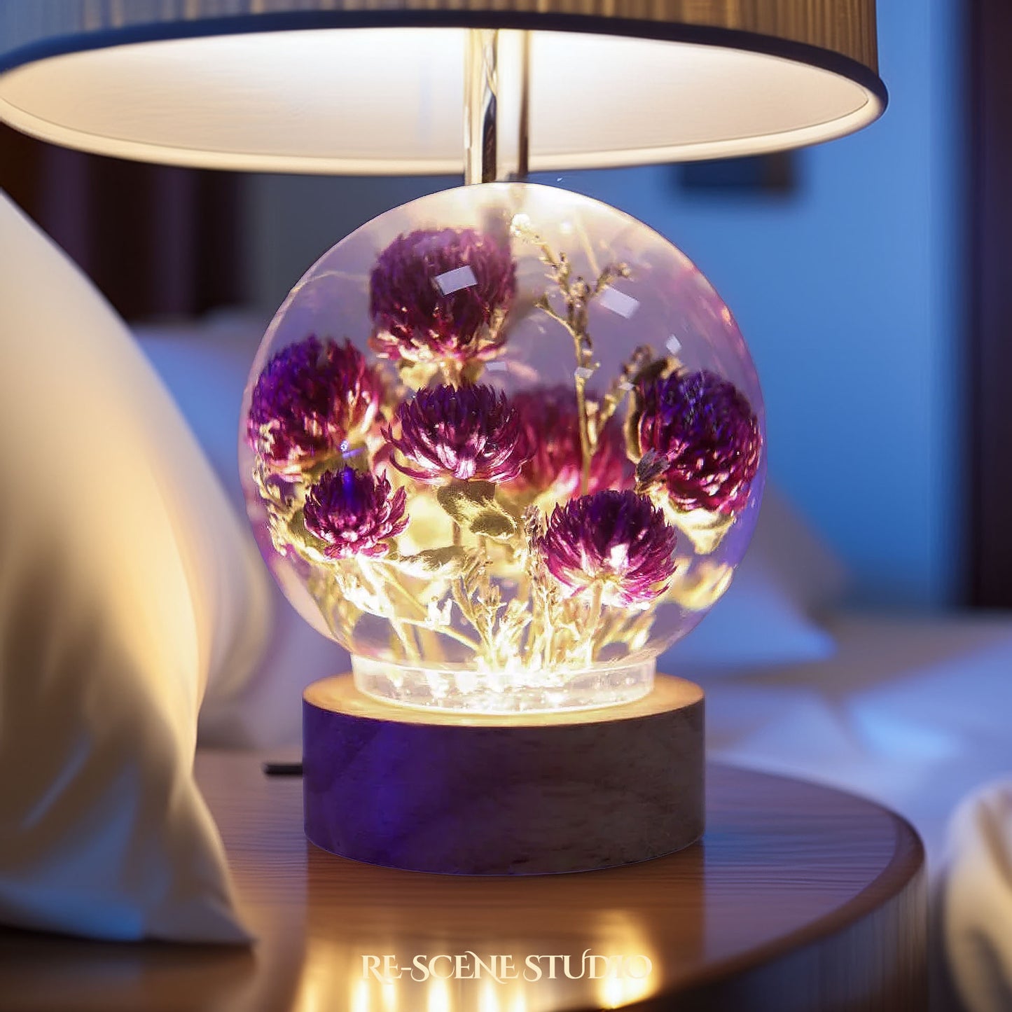 Globe Amaranth Sphere Resin Lamp Flower Only / No Engraving – Handmade Epoxy Resin Lamp by Rescene Studio | Rescene Studio