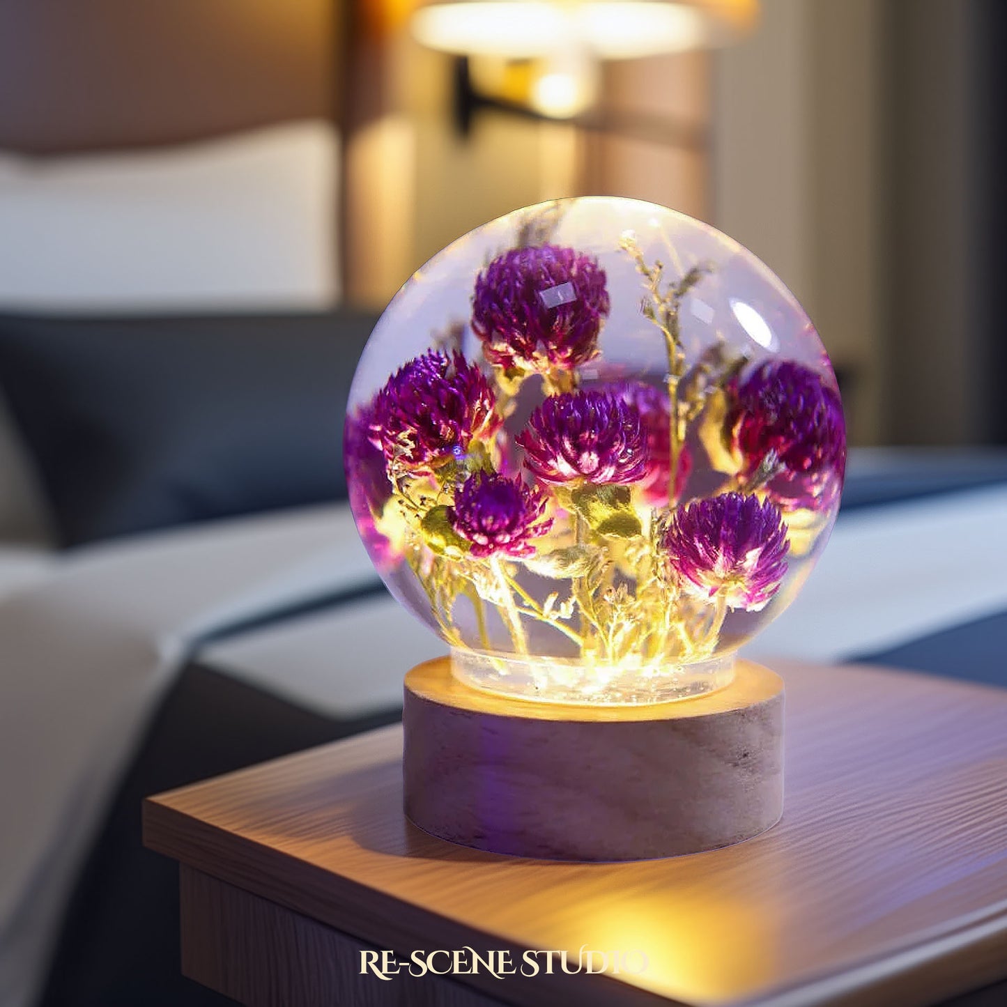 Globe Amaranth Sphere Resin Lamp Flower Only / No Engraving – Handmade Epoxy Resin Lamp by Rescene Studio | Rescene Studio