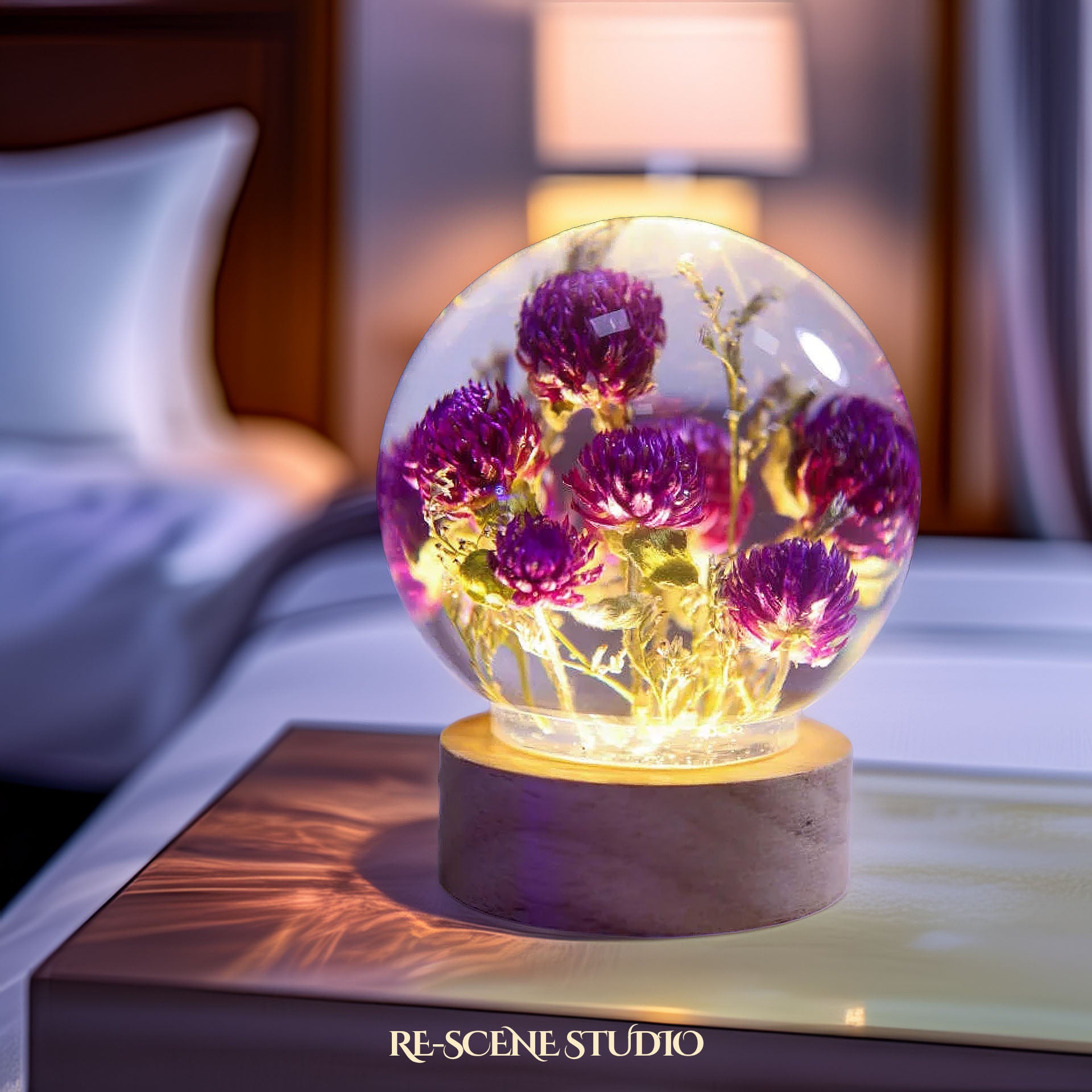 Globe Amaranth Sphere Resin Lamp Flower Only / No Engraving – Handmade Epoxy Resin Lamp by Rescene Studio | Rescene Studio