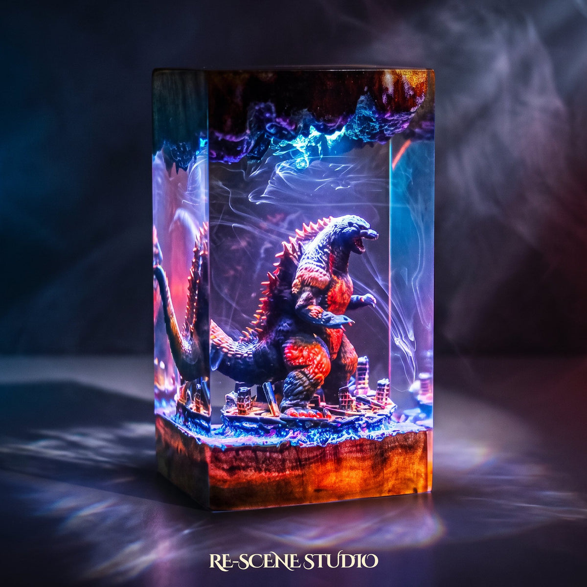 Collectible Godzilla Resin Lamp V3, handmade on a wooden base