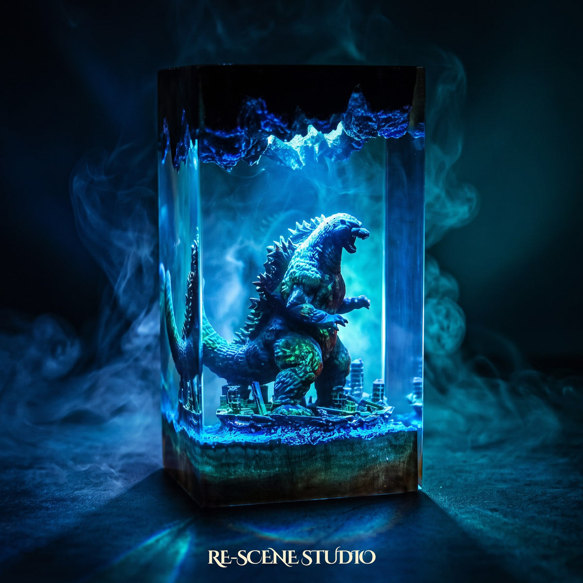 Godzilla Resin Lamp V3 lit up in the dark, resin diorama lamp for desk or shelf