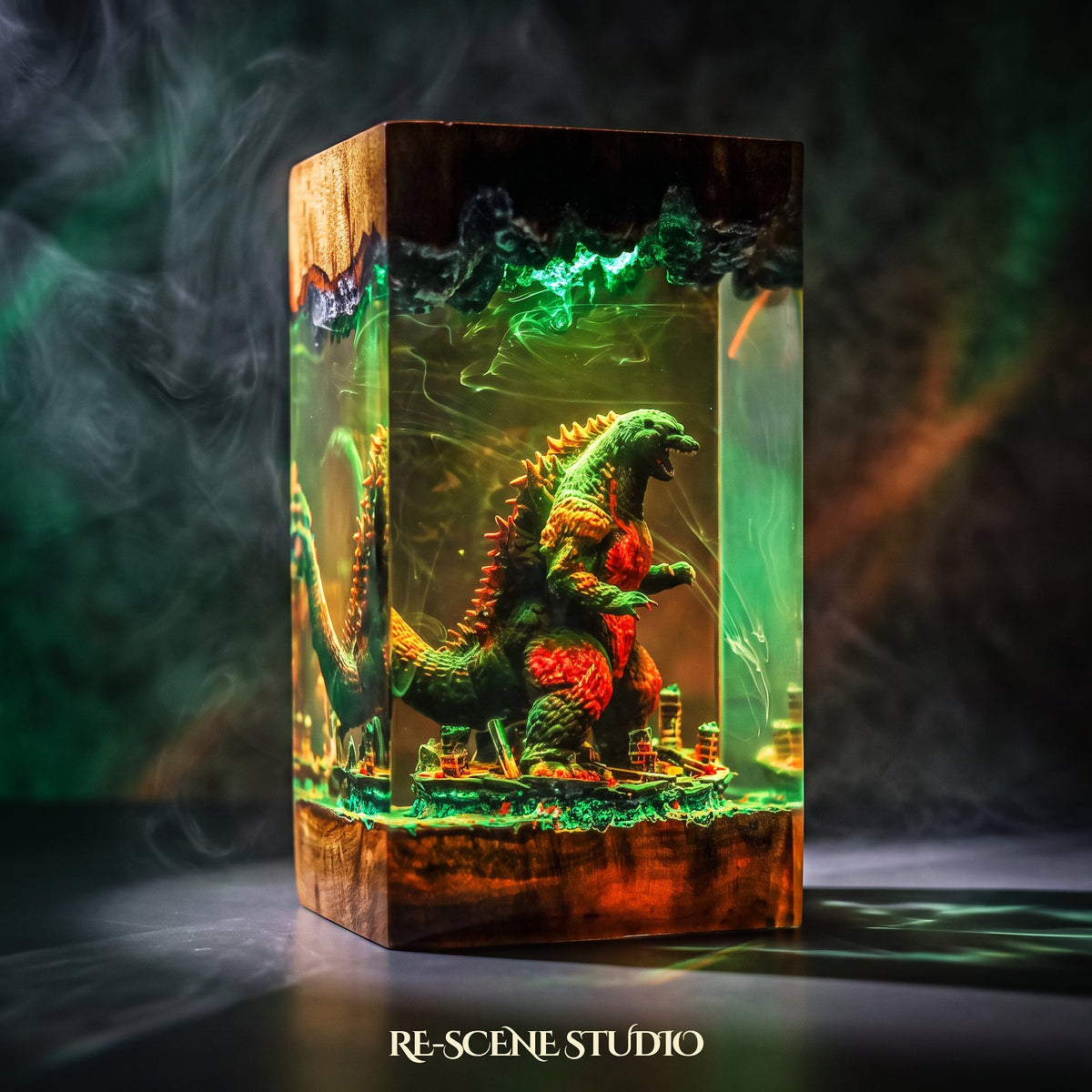 Close look at the Godzilla Resin Lamp V3, a handcrafted epoxy resin LED lamp