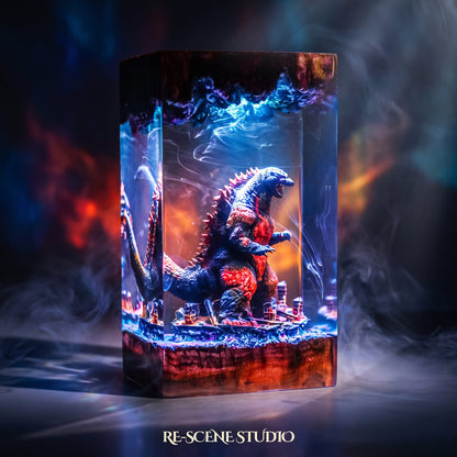 Godzilla Resin Lamp V3 from another angle, handmade LED resin lamp