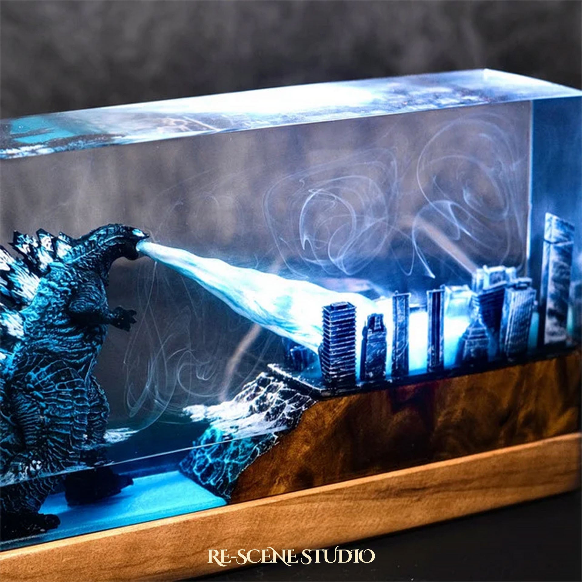 City Crushing Titan Resin Lamp — Closeup Detail | Original Epoxy Resin Sculpture with Built-in LED Glow
