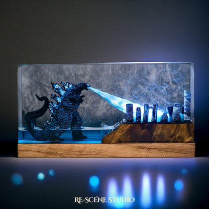 City Crushing Titan Resin Lamp — Display Setup | Artisan Resin Art Lamp, Ambient Light for Home or Office