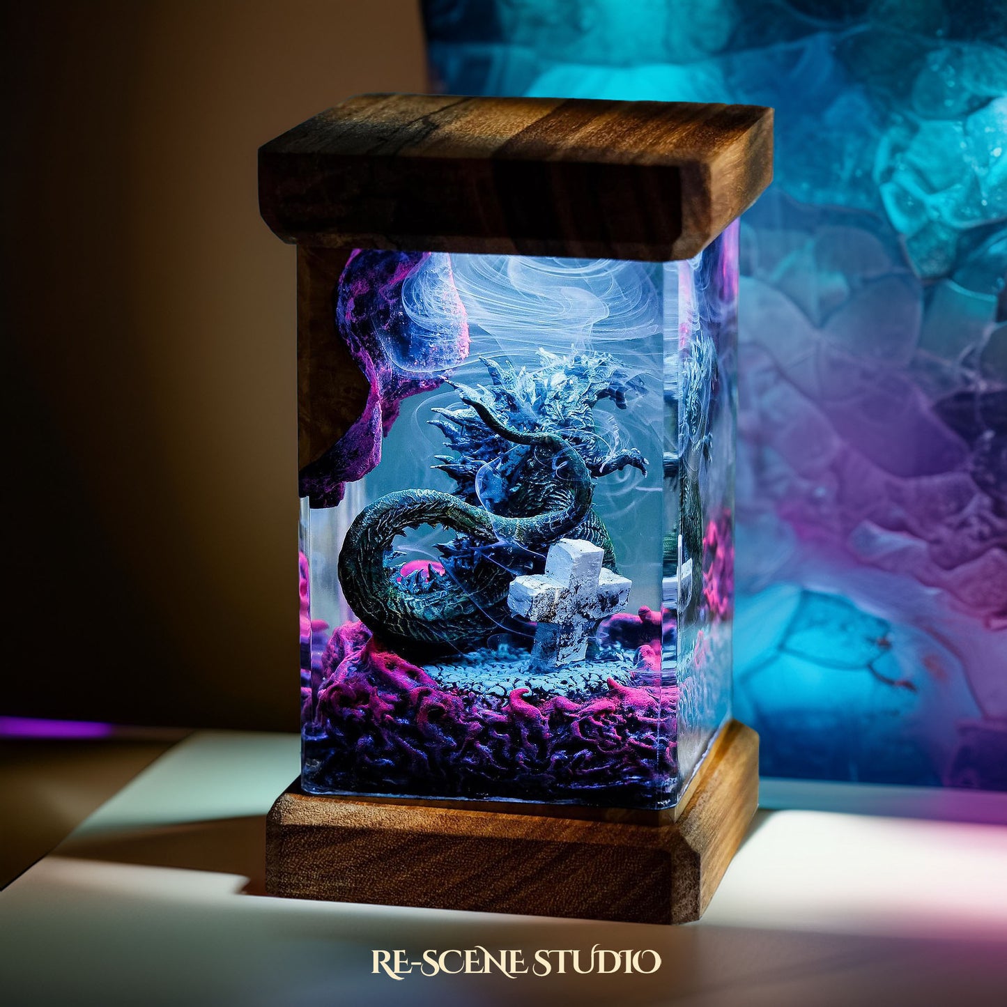 Godzilla’s Wrath Resin Epoxy Lamp Multicolor / Size M: 6 x 6 x 12 (cm) – Handmade Resin Lamp by Rescene Studio | Rescene Studio