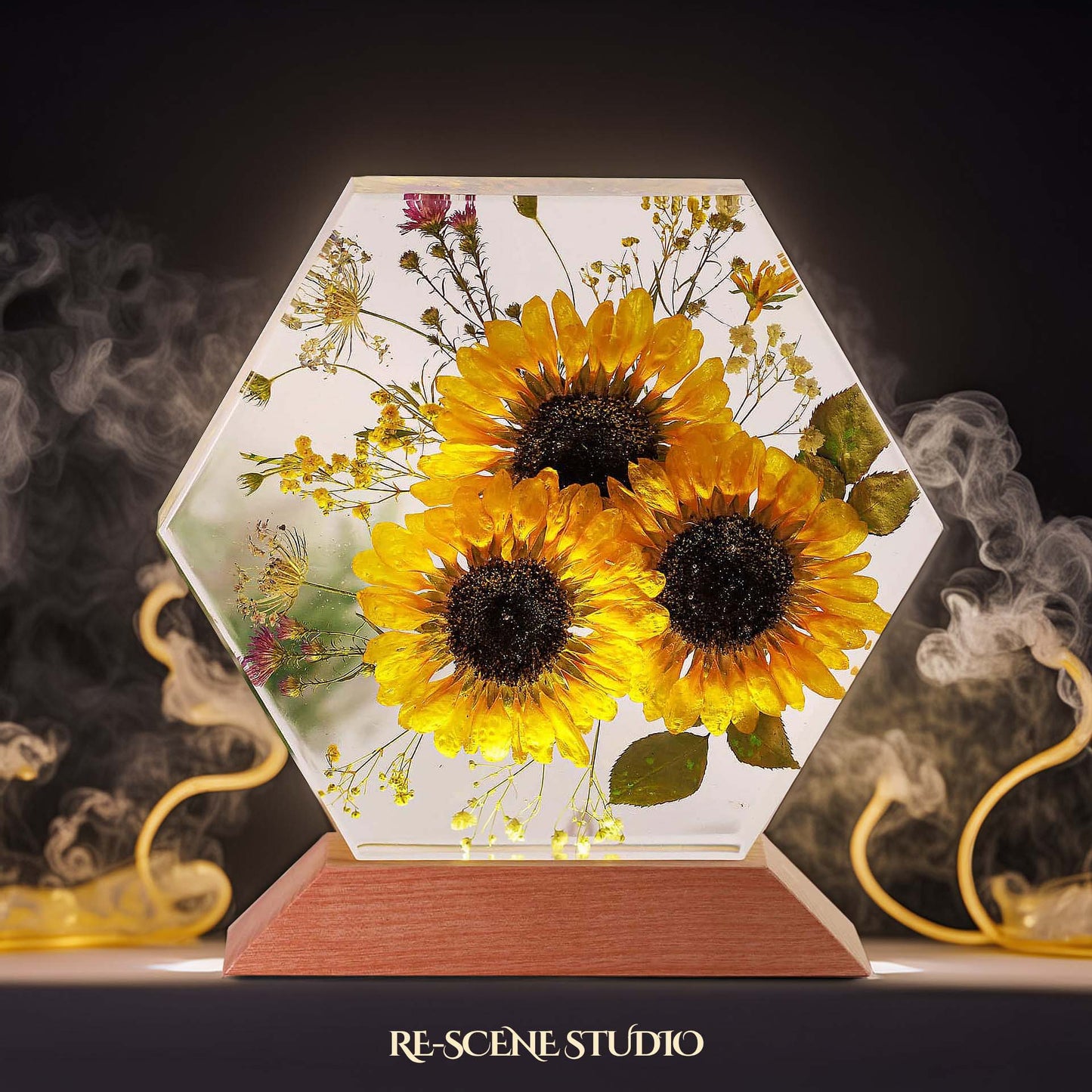Golden Sun Trio Resin Lamp — Detailed Display | Premium 3D Resin Diorama with RGB Color-Changing Light