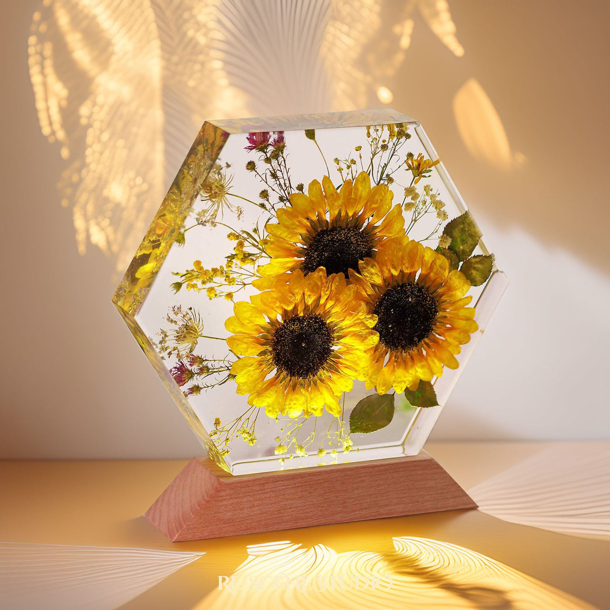 Golden Sun Trio Resin Lamp, handcrafted epoxy resin LED lamp