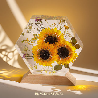 Golden Sun Trio Resin Lamp — Closeup Detail | Original Epoxy Resin Sculpture with Built-in LED Glow