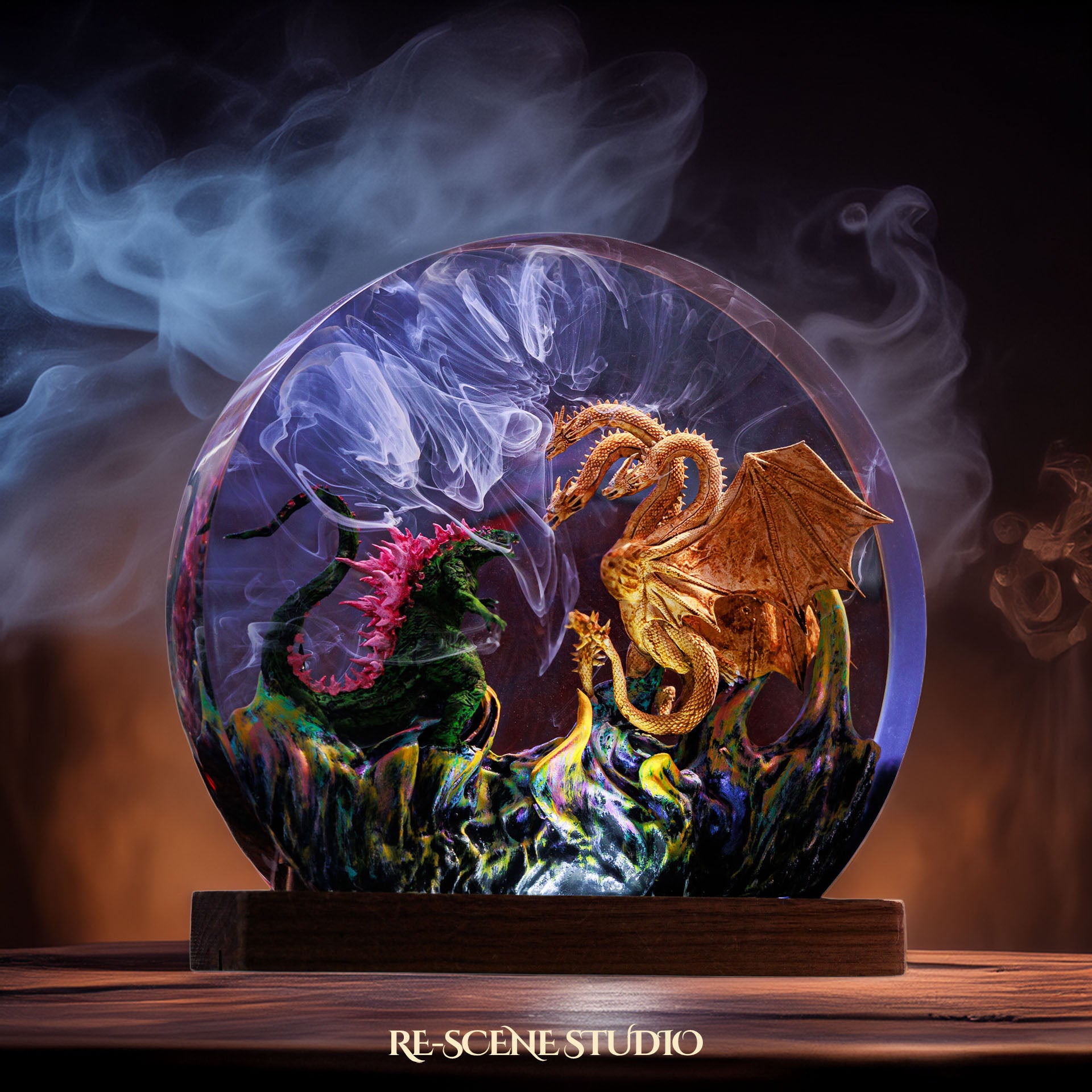 Godzilla vs Hydra Resin Epoxy Lamp Multicolor / Size M: 13 x 12 (cm) – Handmade Epoxy Resin Lamp by Rescene Studio | Rescene Studio