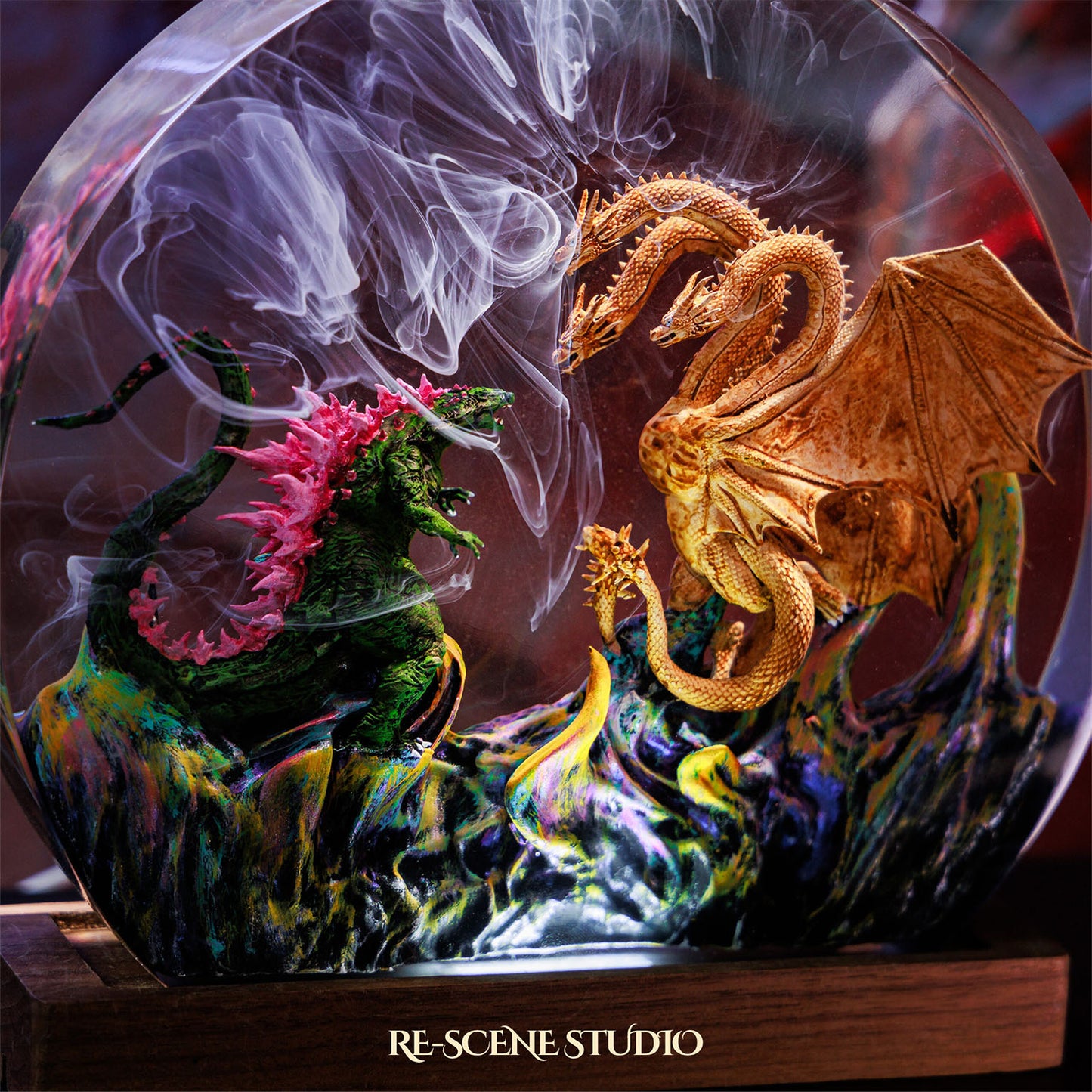 Godzilla vs Hydra Resin Epoxy Lamp Multicolor / Size M: 13 x 12 (cm) – Handmade Resin Lamp by Rescene Studio | Rescene Studio