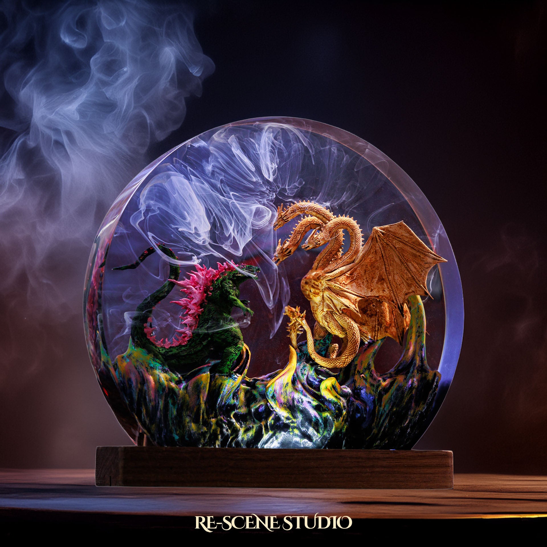 Godzilla vs Hydra Resin Epoxy Lamp Multicolor / Size M: 13 x 12 (cm) – Handmade Epoxy Resin Lamp by Rescene Studio | Rescene Studio