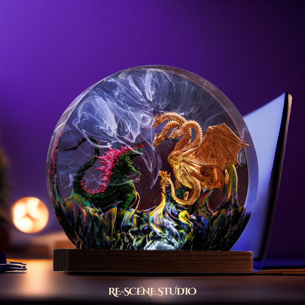 Godzilla vs Hydra Resin Epoxy Lamp Multicolor / Size M: 13 x 12 (cm) – Handmade Epoxy Resin Lamp by Rescene Studio | Rescene Studio