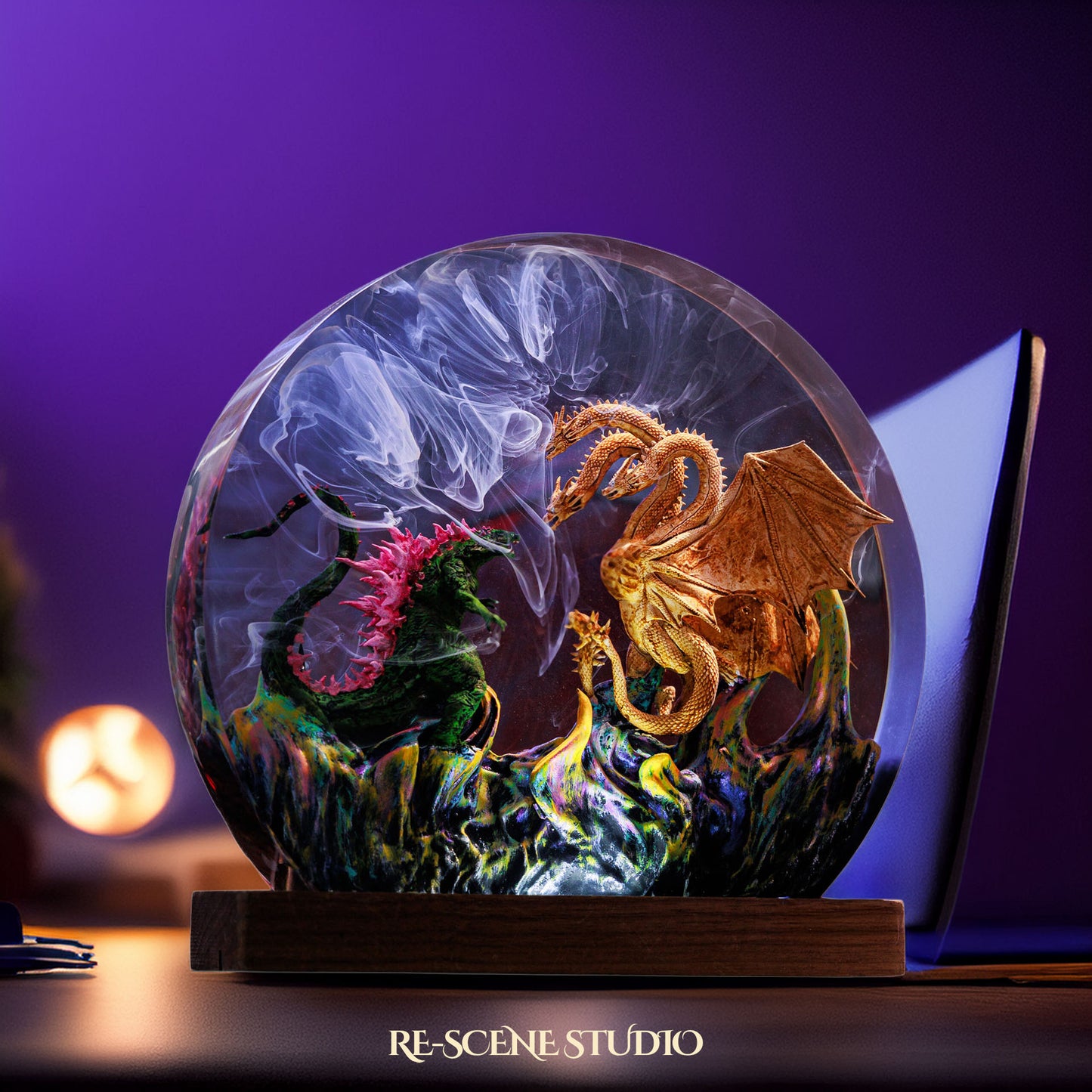 Godzilla vs Hydra Resin Epoxy Lamp Multicolor / Size M: 13 x 12 (cm) – Handmade Resin Lamp by Rescene Studio | Rescene Studio