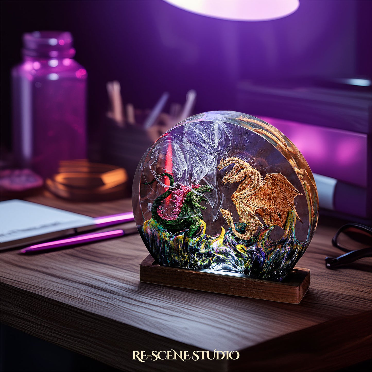 Godzilla vs Hydra Resin Epoxy Lamp Multicolor / Size M: 13 x 12 (cm) – Handmade Resin Lamp by Rescene Studio | Rescene Studio