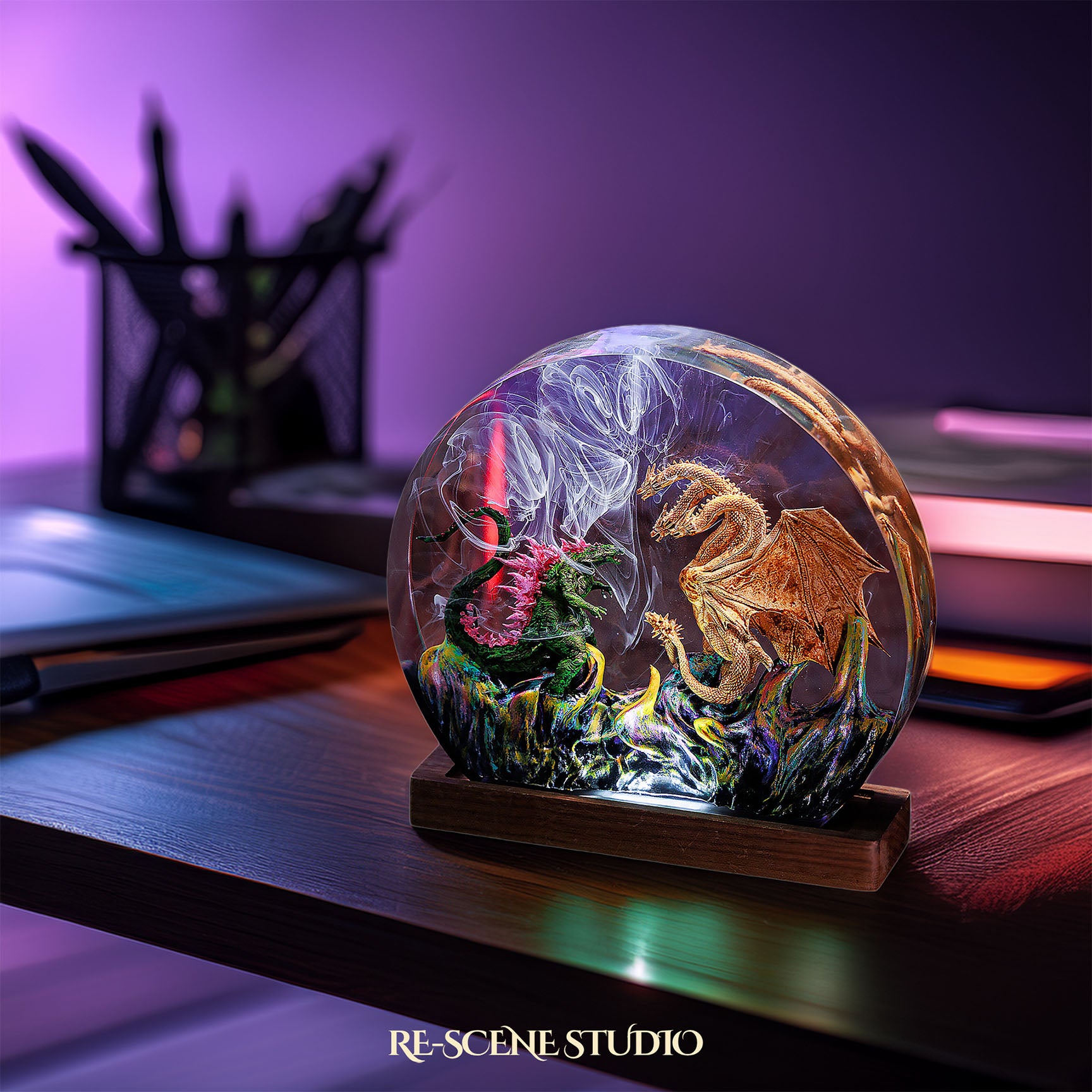 Godzilla vs Hydra Resin Epoxy Lamp Multicolor / Size M: 13 x 12 (cm) – Handmade Epoxy Resin Lamp by Rescene Studio | Rescene Studio
