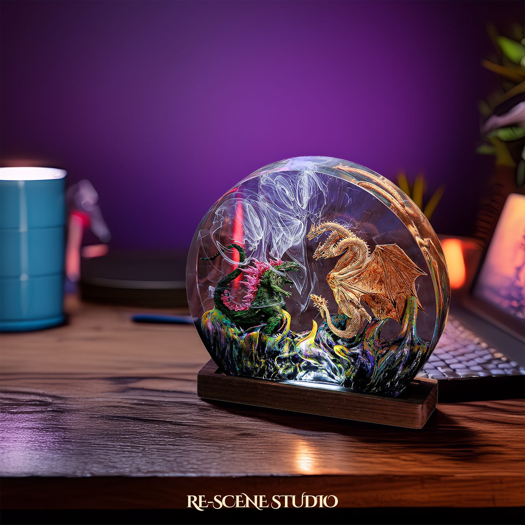Godzilla vs Hydra Resin Epoxy Lamp Multicolor / Size M: 13 x 12 (cm) – Handmade Epoxy Resin Lamp by Rescene Studio | Rescene Studio