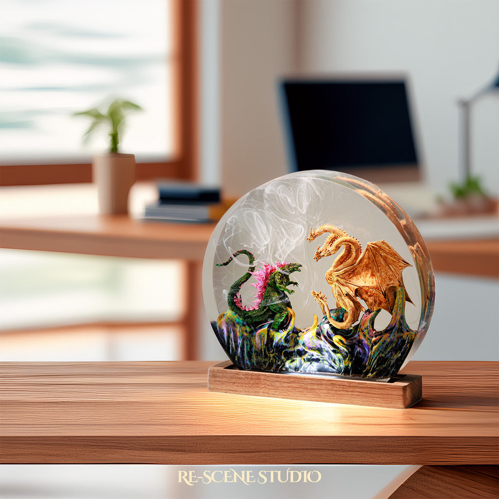 Godzilla vs Hydra Resin Epoxy Lamp Multicolor / Size M: 13 x 12 (cm) – Handmade Epoxy Resin Lamp by Rescene Studio | Rescene Studio