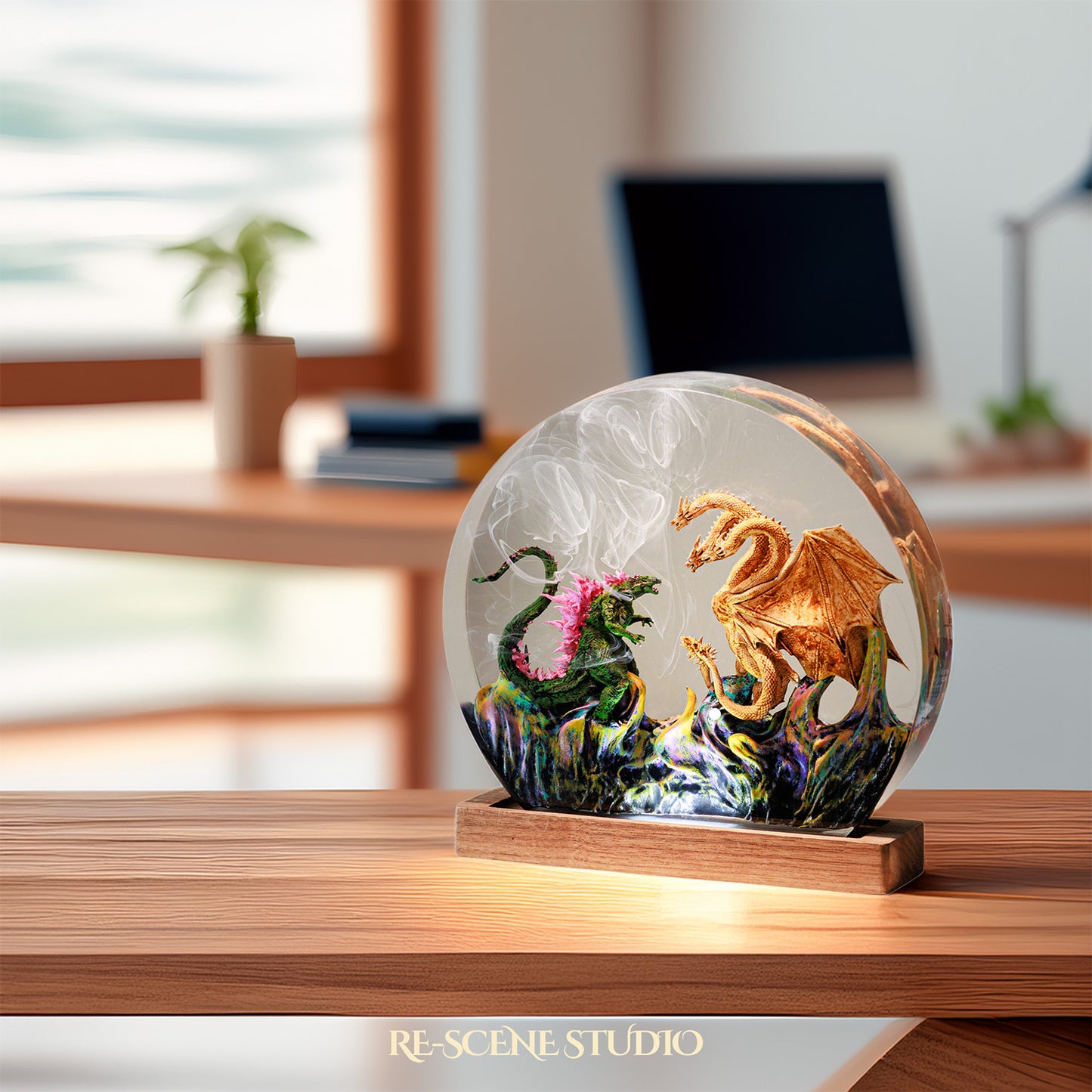 Godzilla vs Hydra Resin Epoxy Lamp Multicolor / Size M: 13 x 12 (cm) – Handmade Resin Lamp by Rescene Studio | Rescene Studio