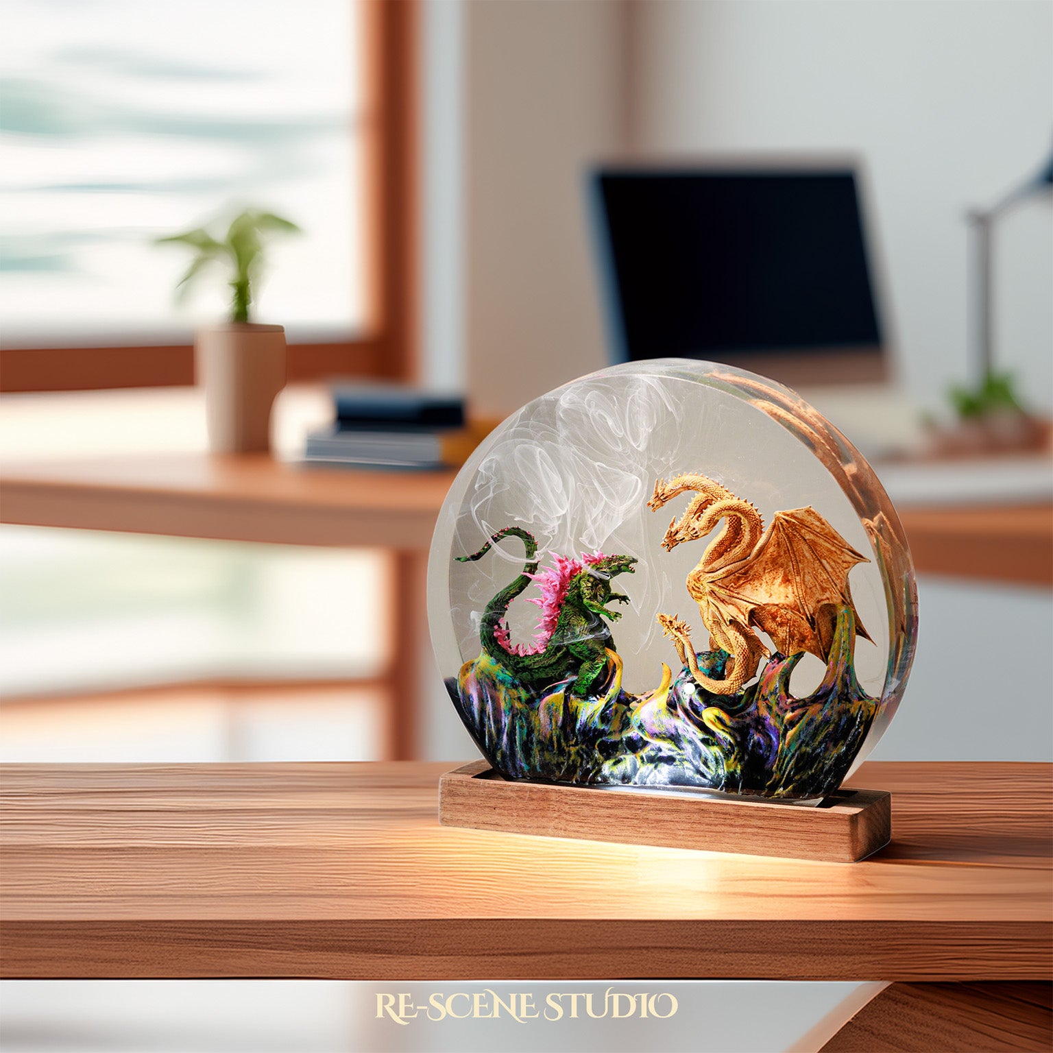 Godzilla vs Hydra Resin Epoxy Lamp Multicolor / Size M: 13 x 12 (cm) – Handmade Epoxy Resin Lamp by Rescene Studio | Rescene Studio