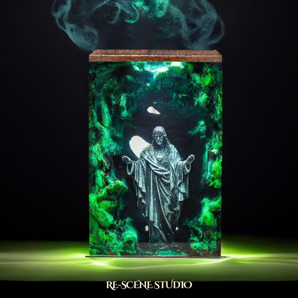 Green Jesus Resin Epoxy Lamp Multicolor / Size L: 9 x 13 (cm) – Handmade Epoxy Resin Lamp by Rescene Studio | Rescene Studio