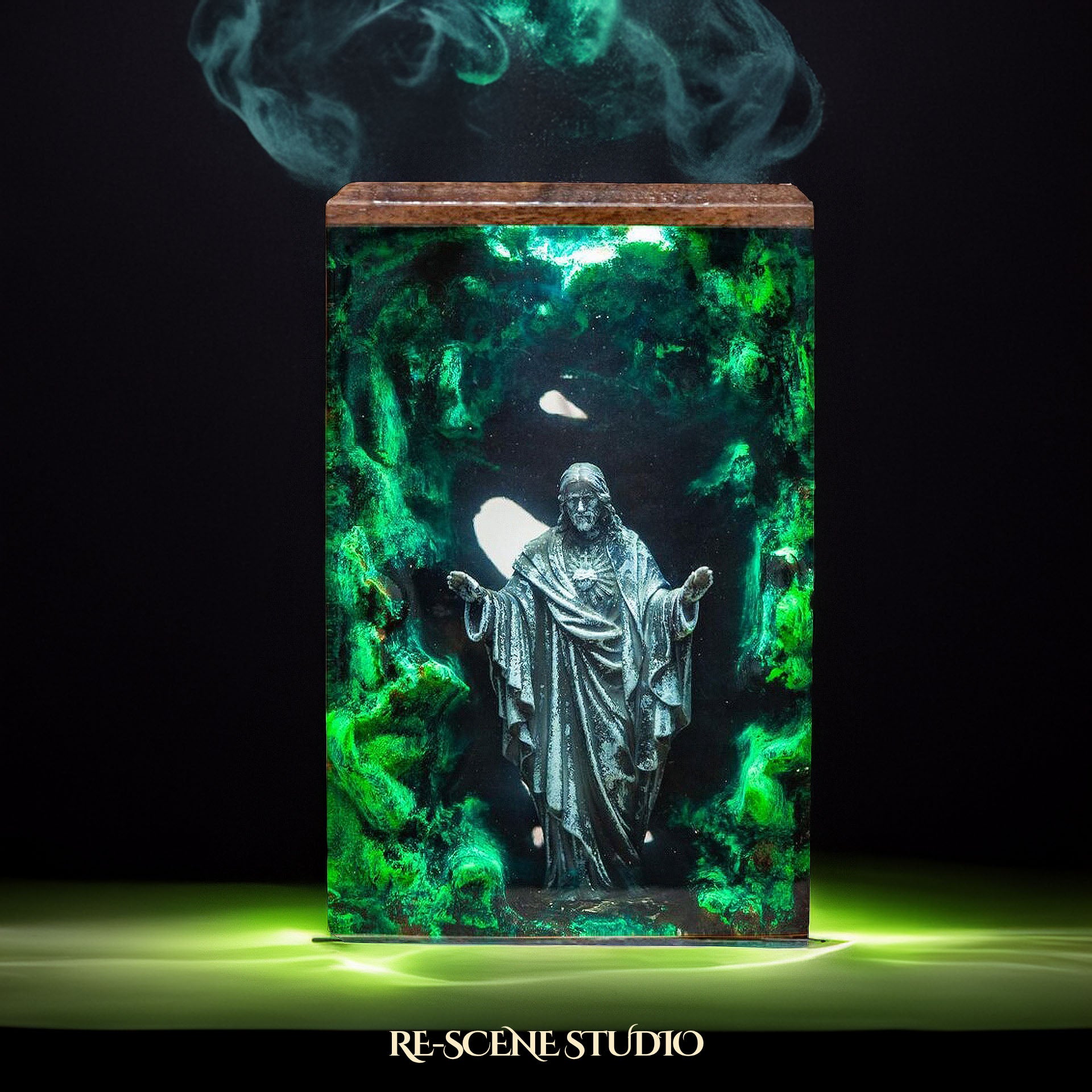 Green Jesus Resin Epoxy Lamp Multicolor / Size L: 9 x 13 (cm) – Handmade Epoxy Resin Lamp by Rescene Studio | Rescene Studio