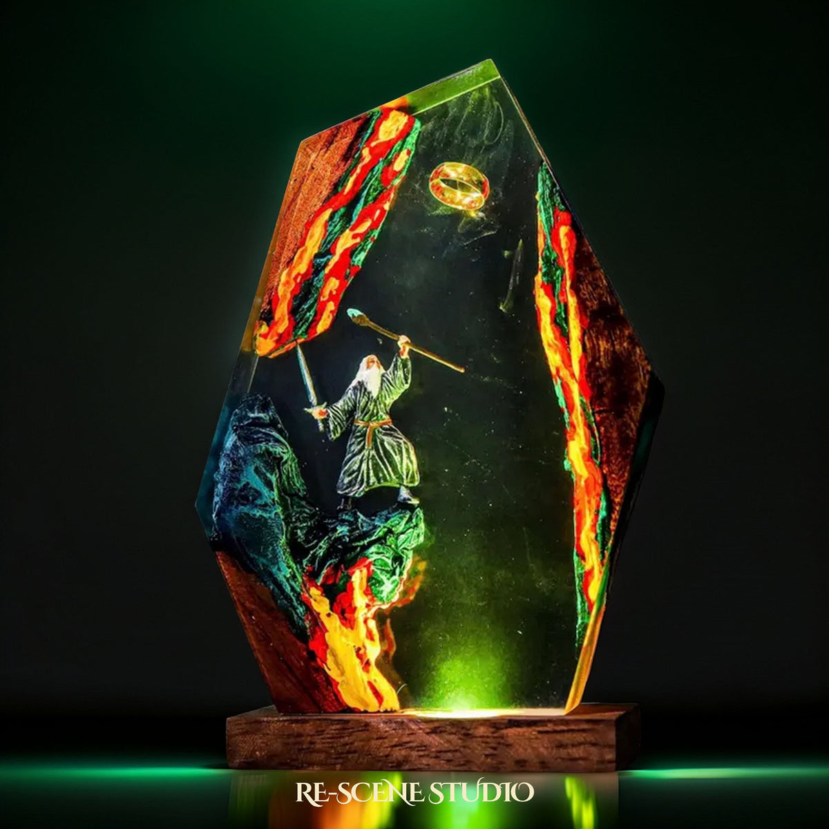 Lord of the Rings collectible: the Gandalf the Grey Resin Lamp, handmade on a natural wood base