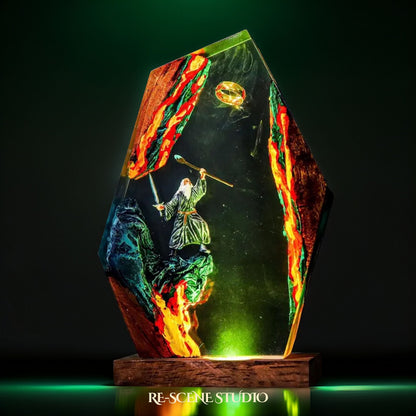Lord of the Rings collectible: the Gandalf the Grey Resin Lamp, handmade on a natural wood base