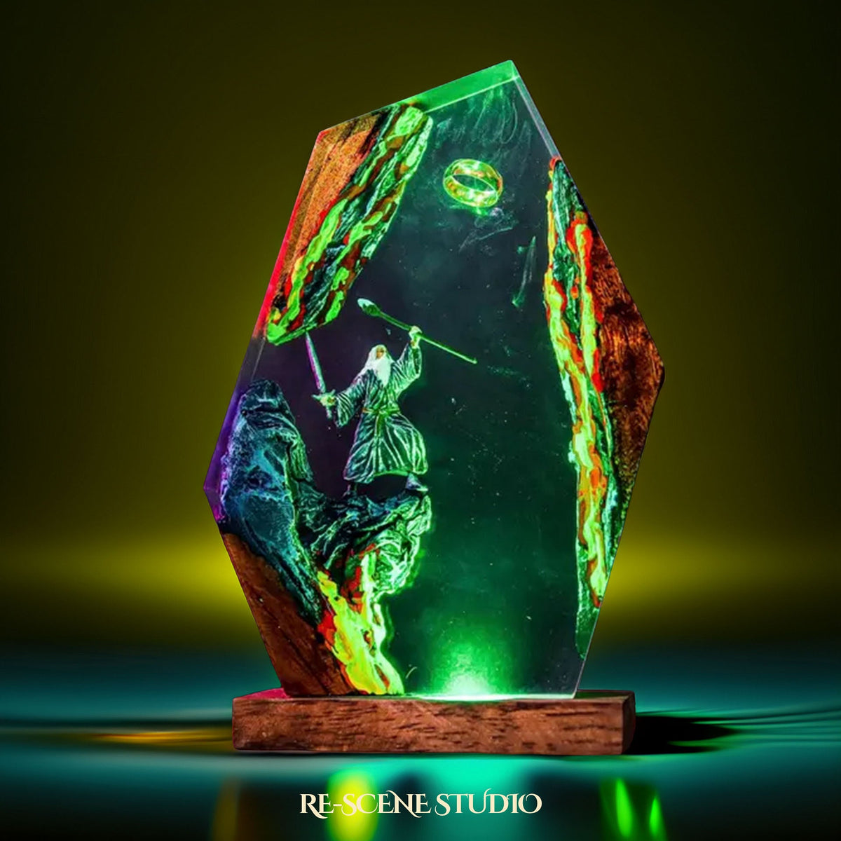 Close look at the Gandalf the Grey Resin Lamp, a handcrafted Lord of the Rings epoxy resin LED lamp