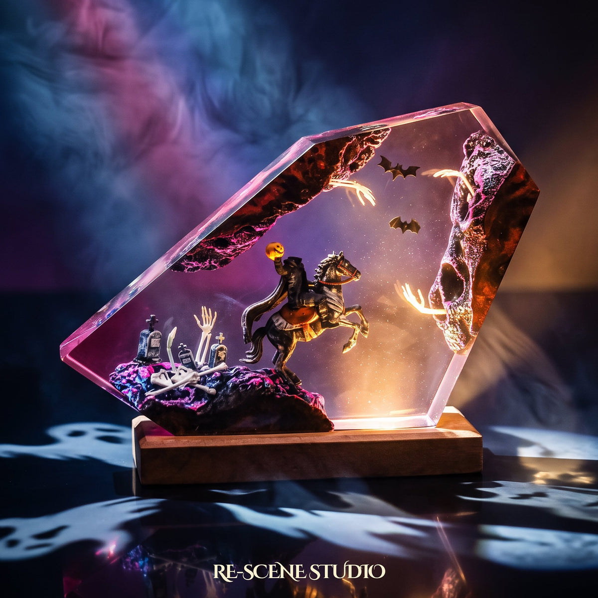 Headless Horseman Resin Lamp (Halloween), hand-poured epoxy resin night light glowing in 16 RGB colors