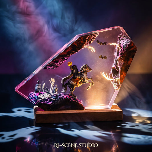 Headless Horseman Resin Lamp (Halloween), hand-poured epoxy resin night light glowing in 16 RGB colors
