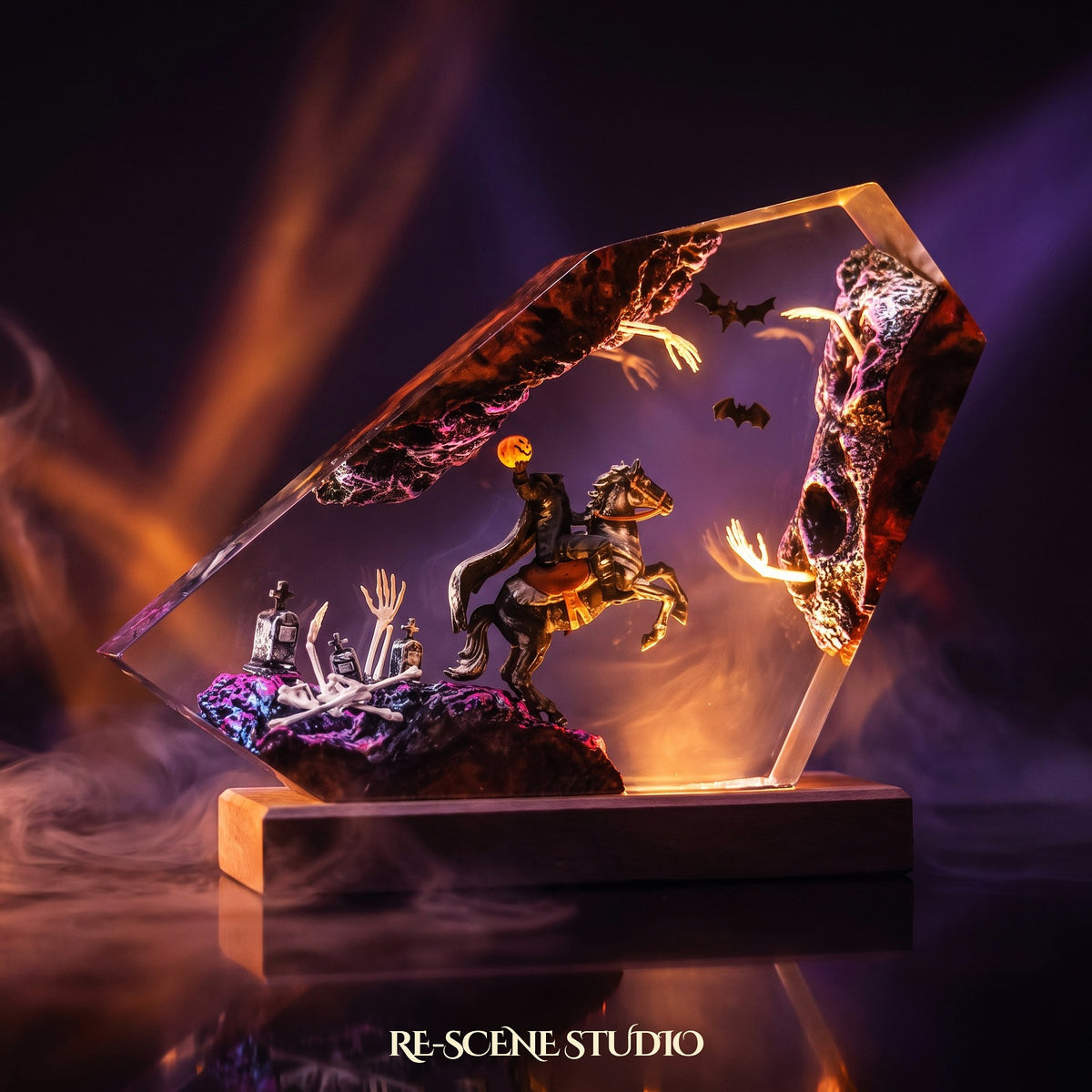 Halloween collectible: the Headless Horseman Resin Lamp, handmade on a wooden base