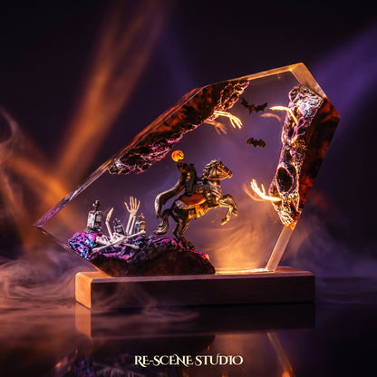 Halloween collectible: the Headless Horseman Resin Lamp, handmade on a wooden base