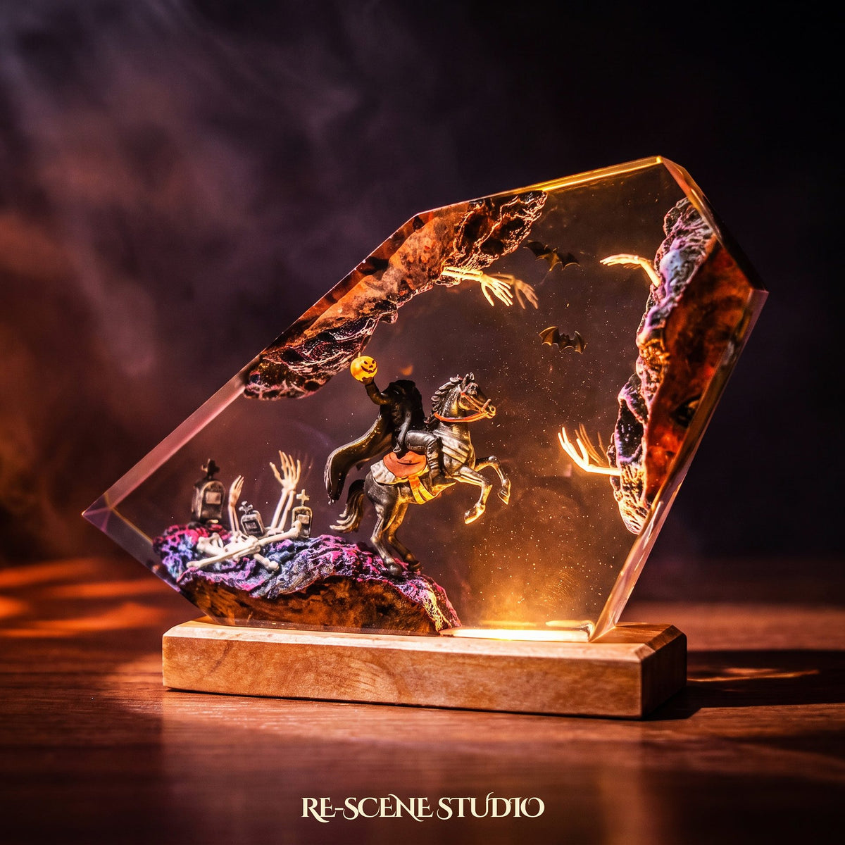 Headless Horseman Resin Lamp lit up in the dark, Halloween resin diorama lamp for desk or shelf