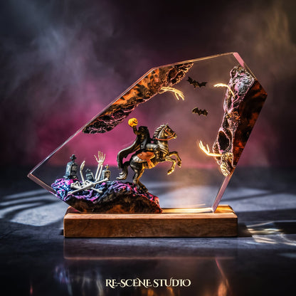 Close look at the Headless Horseman Resin Lamp, a handcrafted Halloween epoxy resin LED lamp