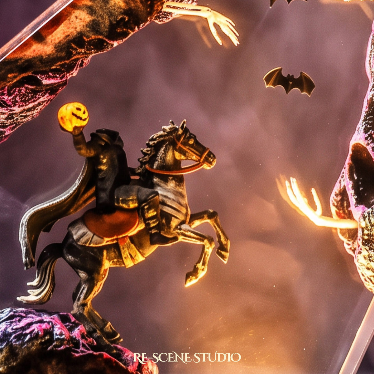 Glowing Headless Horseman Resin Lamp: Halloween fan decor sealed in crystal-clear epoxy resin