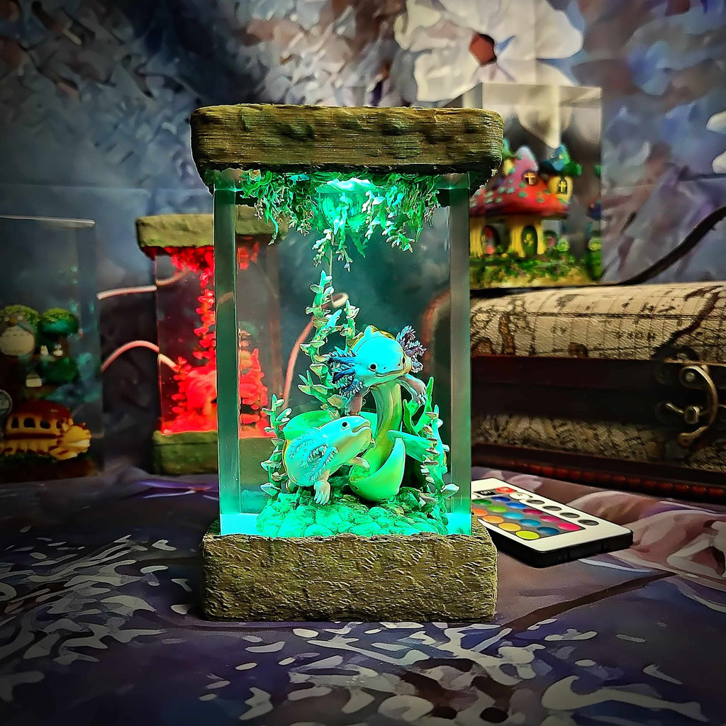 Axolotl Resin Lamp V1 - Underwater Fantasy Edition Multicolor / Size M – Handmade Epoxy Resin Lamp by Rescene Studio | Rescene Studio
