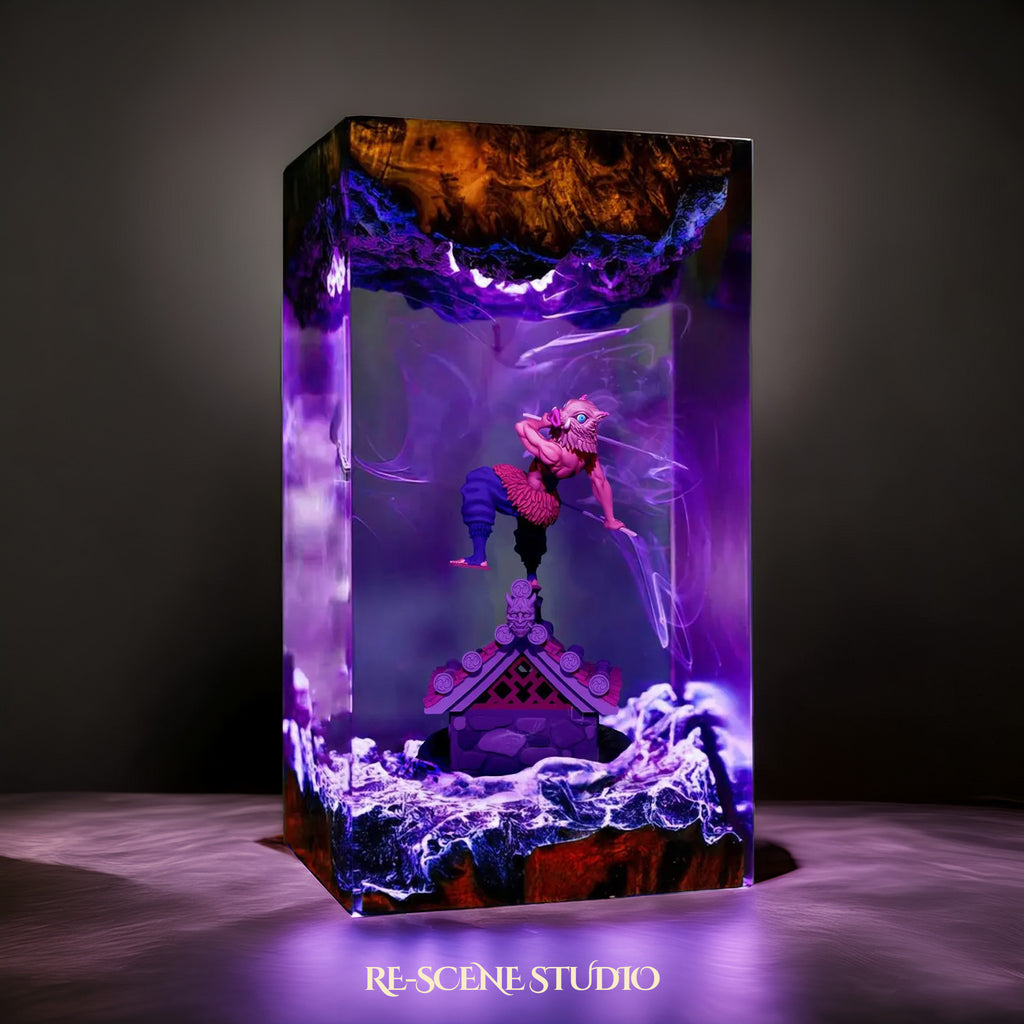 Inosuke Resin Lamp 04 – Demon Slayer Multicolor / Size M: 7 x 13 x 7 (cm) – Handmade Epoxy Resin Lamp by Rescene Studio | Rescene Studio
