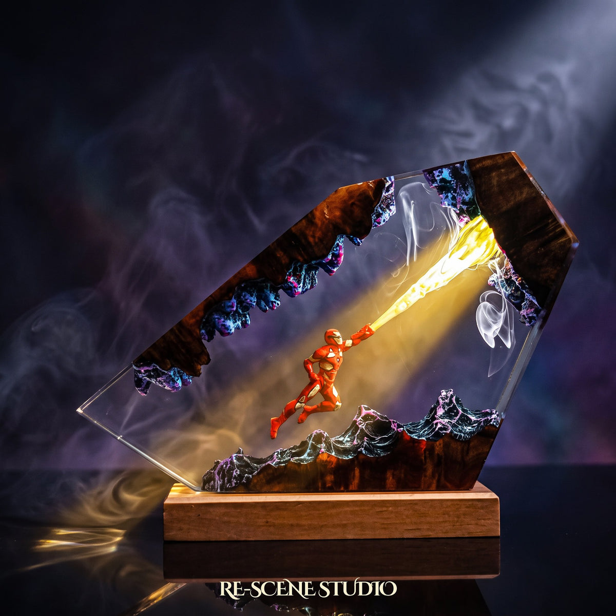 Iron Man Resin Lamp V4 lit up in the dark, Marvel resin diorama lamp for desk or shelf