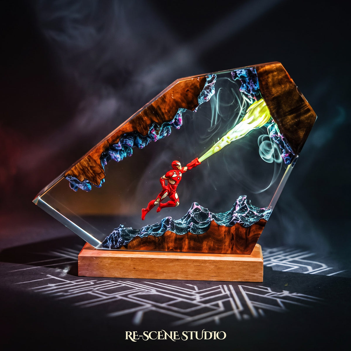 Close look at the Iron Man Resin Lamp V4, a handcrafted Marvel epoxy resin LED lamp