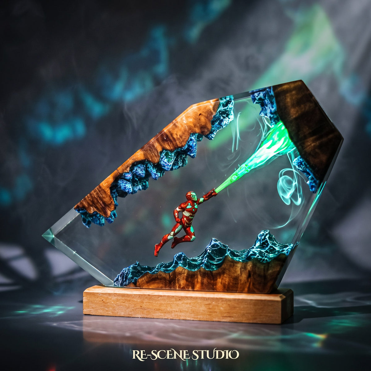 Iron Man Resin Lamp V4 from another angle, handmade Marvel LED resin lamp