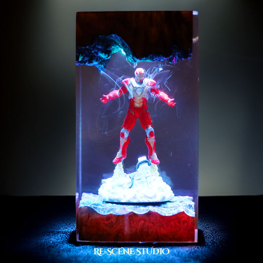 Crimson Armor Hero Resin Lamp V2 — Handcrafted Epoxy Resin LED Lamp | Unique Ambient Decor & Collector's Gift