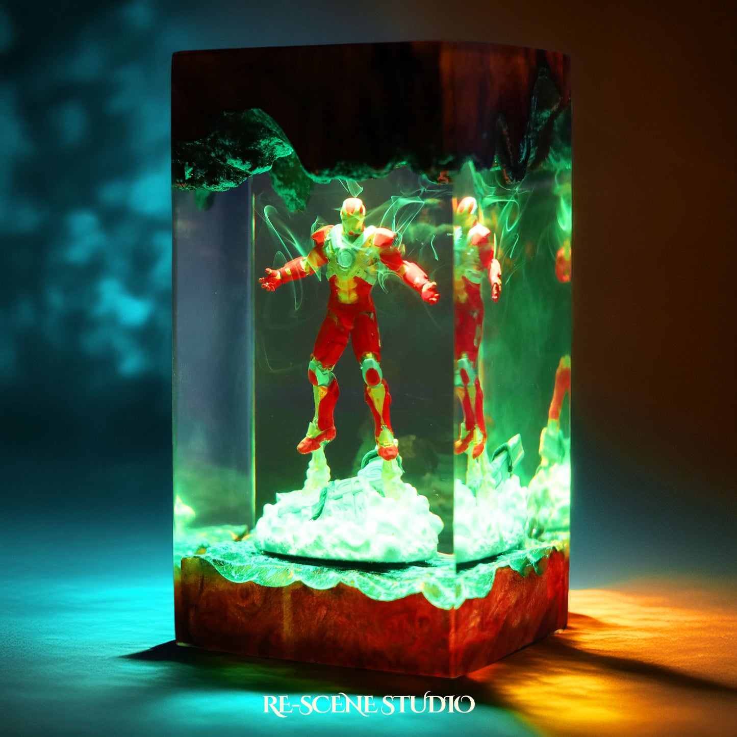 Crimson Armor Hero Resin Lamp V2 — Closeup Detail | Original Epoxy Resin Sculpture with Built-in LED Glow