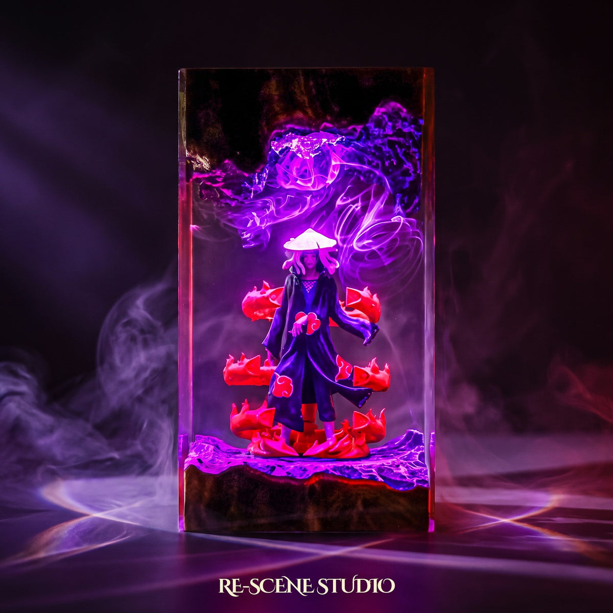 Itachi Uchiha Resin Lamp V2 lit up in the dark, Naruto resin diorama lamp for desk or shelf